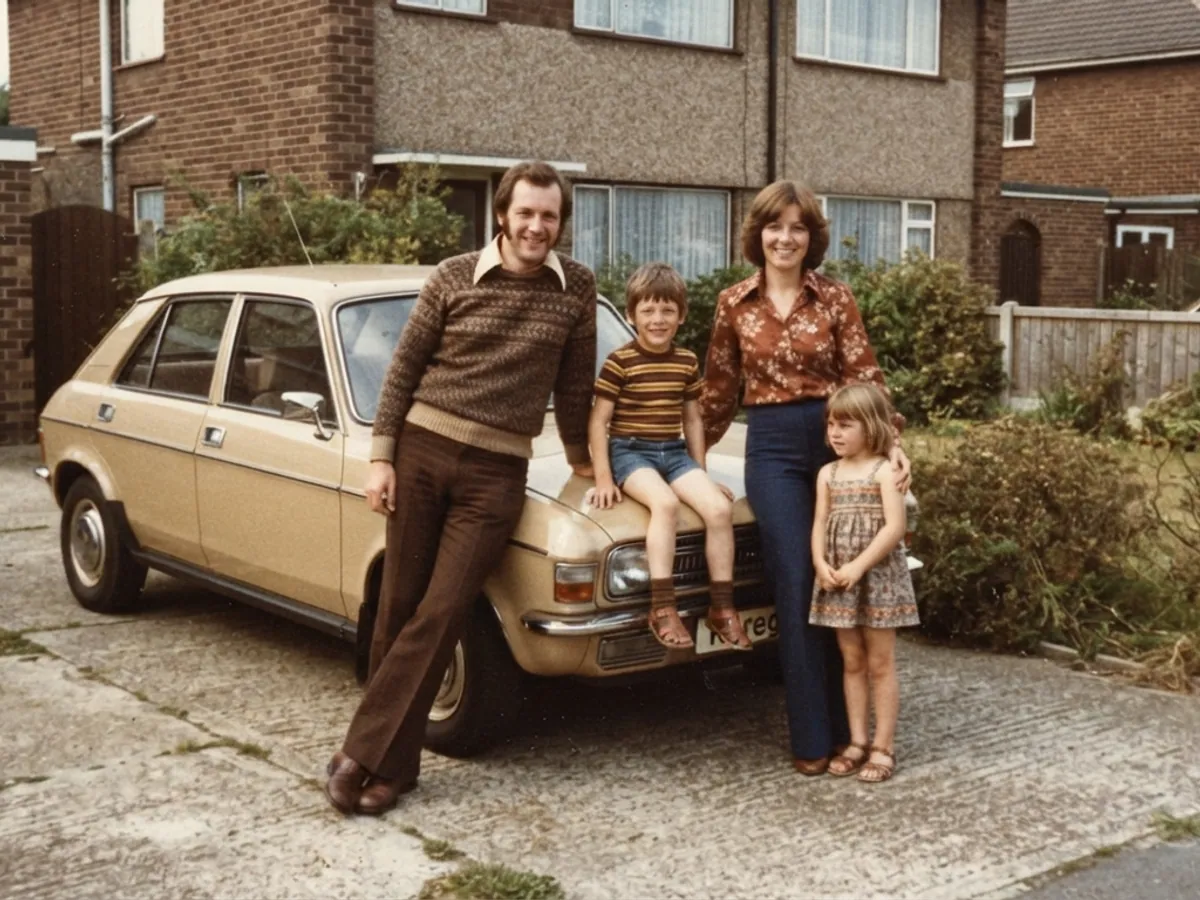 Eine Familie vor einem neuen beigen Auto in der Einfahrt, der Vater lehnt stolz an der Haube, Farbfoto aus den Siebzigerjahren