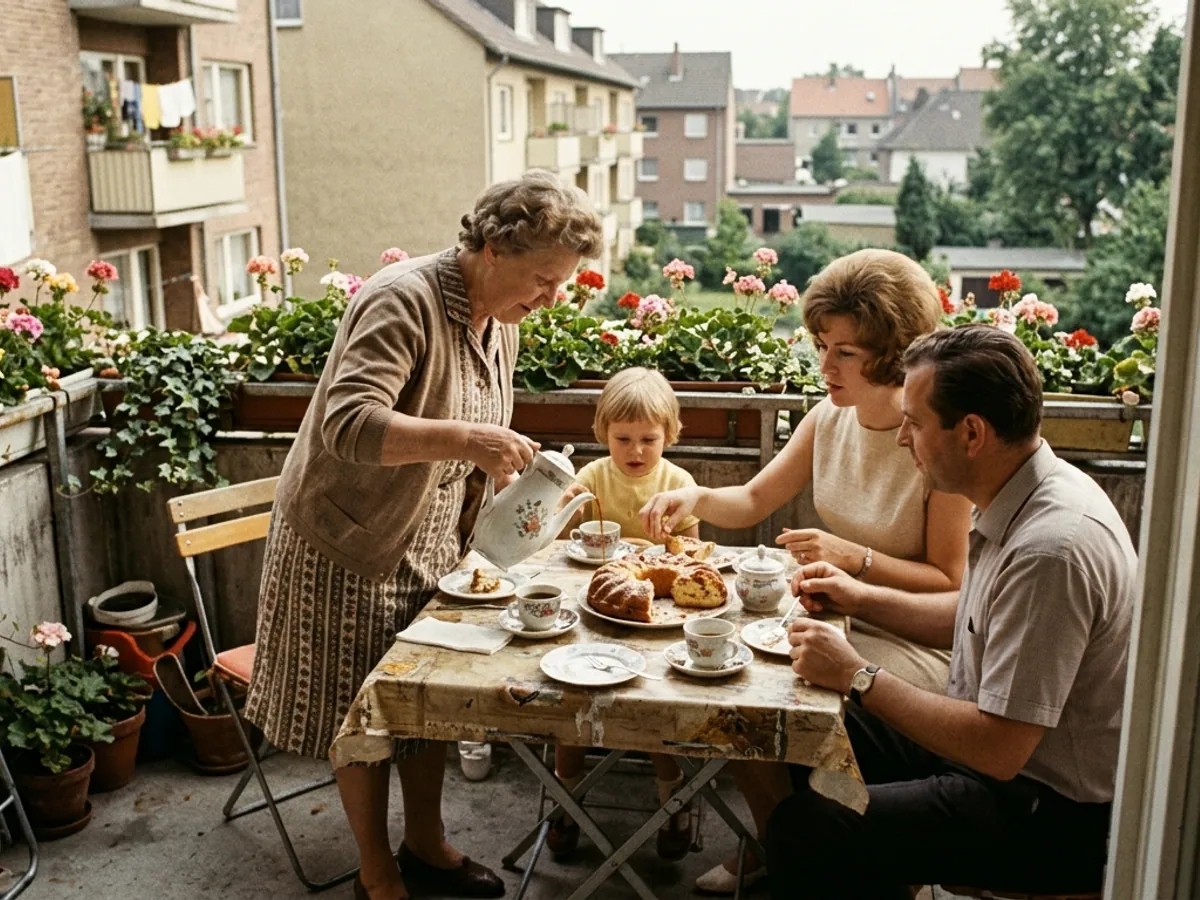 Kaffee und Kuchen auf einem Balkon mit Blumenkästen, die Großmutter schenkt ein, Farbfoto aus den Sechzigerjahren