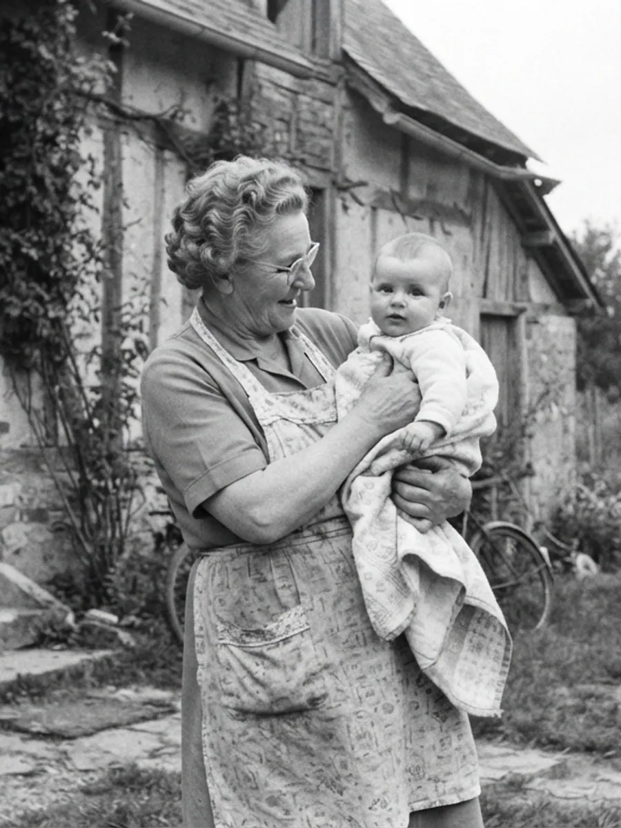 Eine Großmutter in Schürze hält ein Baby vor einem Bauernhaus, Schwarz-Weiß-Foto aus den Fünfzigerjahren