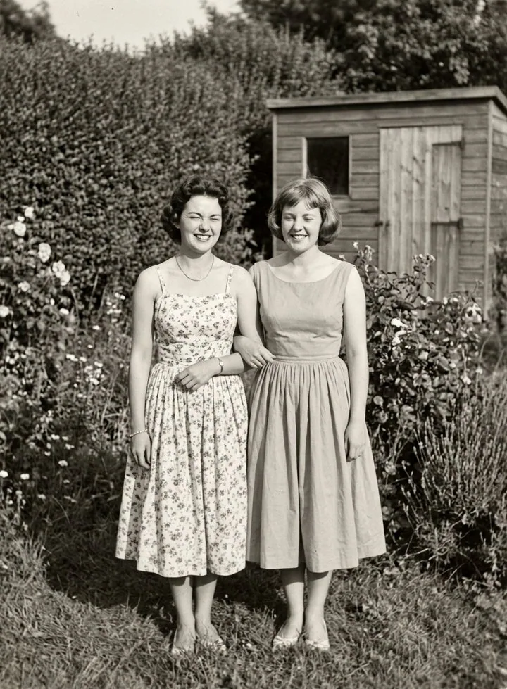 Zwei junge Frauen in Sommerkleidern der Fünfzigerjahre in einem Garten