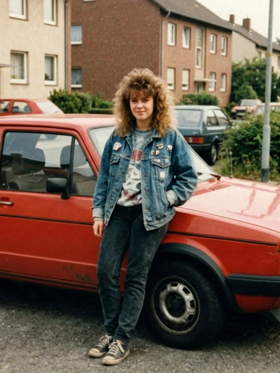 Eine Jugendliche mit Dauerwelle und Jeansjacke lehnt an einem roten VW Golf, Farbfoto aus den Achtzigerjahren
