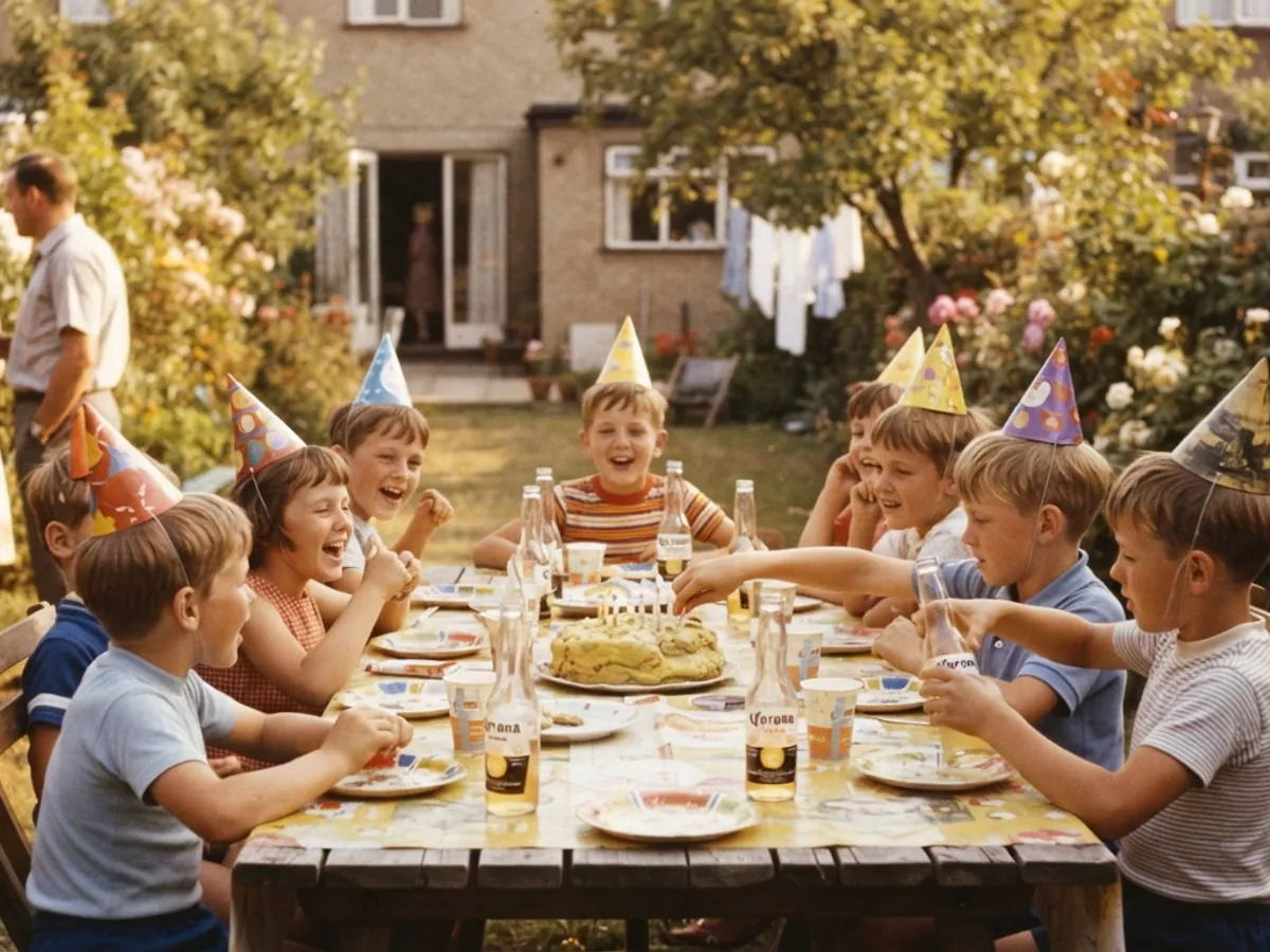 Kindergeburtstag mit Papierhüten an einem langen Tisch im Garten, Farbfoto aus den Sechzigerjahren