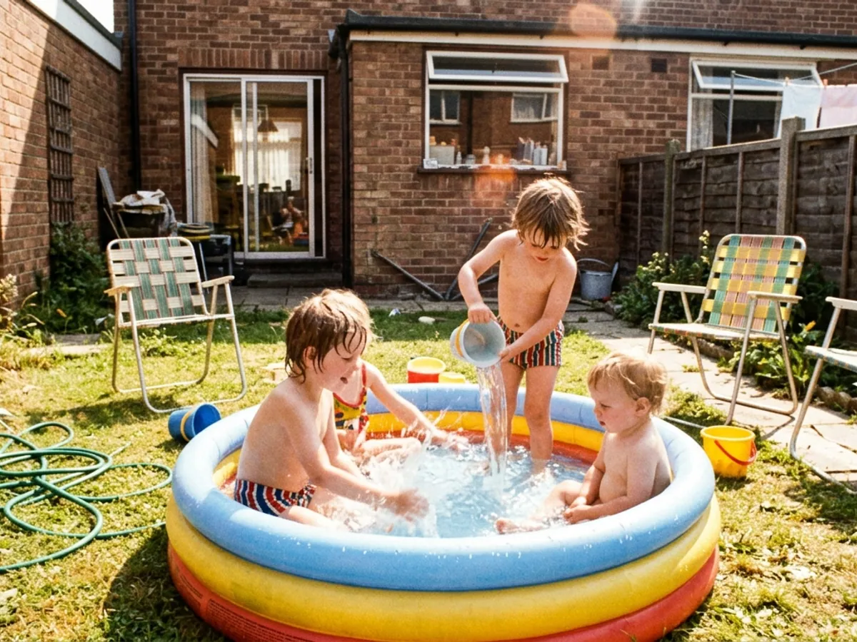 Kinder spielen im Planschbecken in einem kleinen Garten, Farbfoto aus den Siebzigerjahren