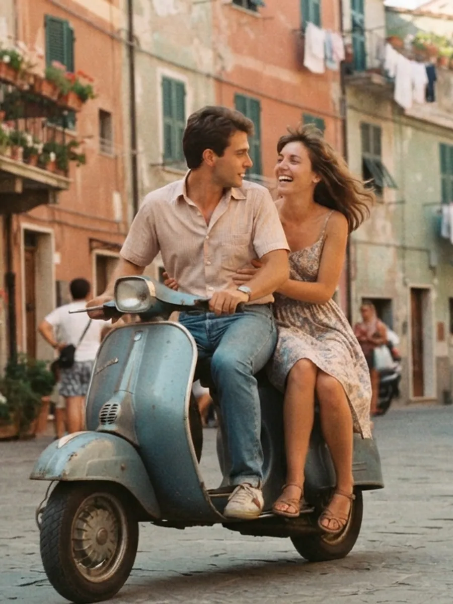 Ein junges Paar auf einem Motorroller in einer italienischen Gasse, Farbfoto aus den Achtzigerjahren