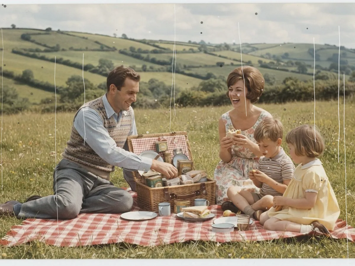 Ein altes Foto von einem Familienpicknick auf der Wiese, mit Kratzern und Staub
